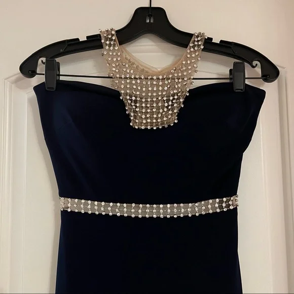 Terani Couture Dresses | Terani Couture Navy Blue Diamond Halter Top Gown with Slit | Color: Blue | Size: 2